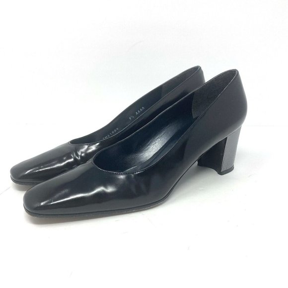 Stuart Weitzman 9.5 AAA 90's Square Toe Pumps Narrow Black Patent Metallic Heel - Picture 2 of 10